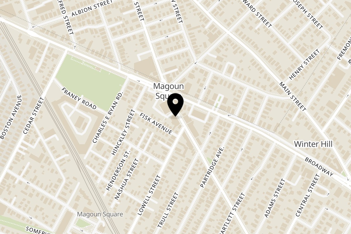 Map showing the location of Pepi's Pizzeria on 516B Medford Street in Somerville